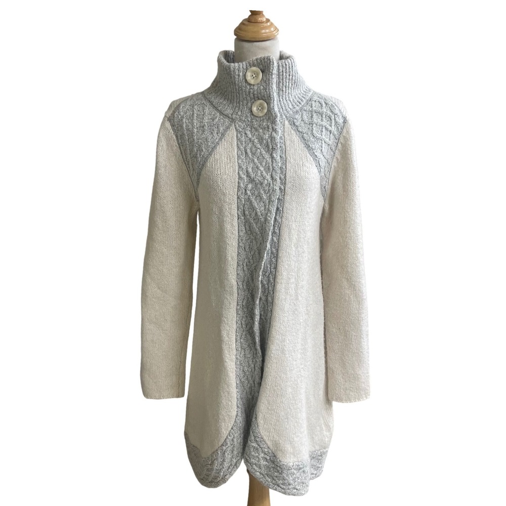 prAna Angelica Women Cream Grey Cable Knit Mock Neck  Cardigan Sweater‎ Sz small